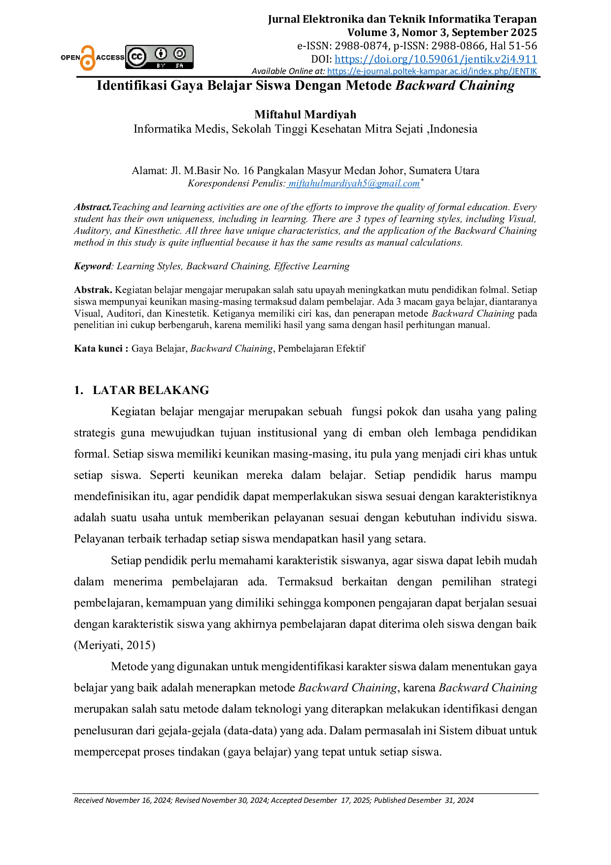 JURIS Identifikasi Gaya Belajar Siswa Dengan Metode Backward Chaining