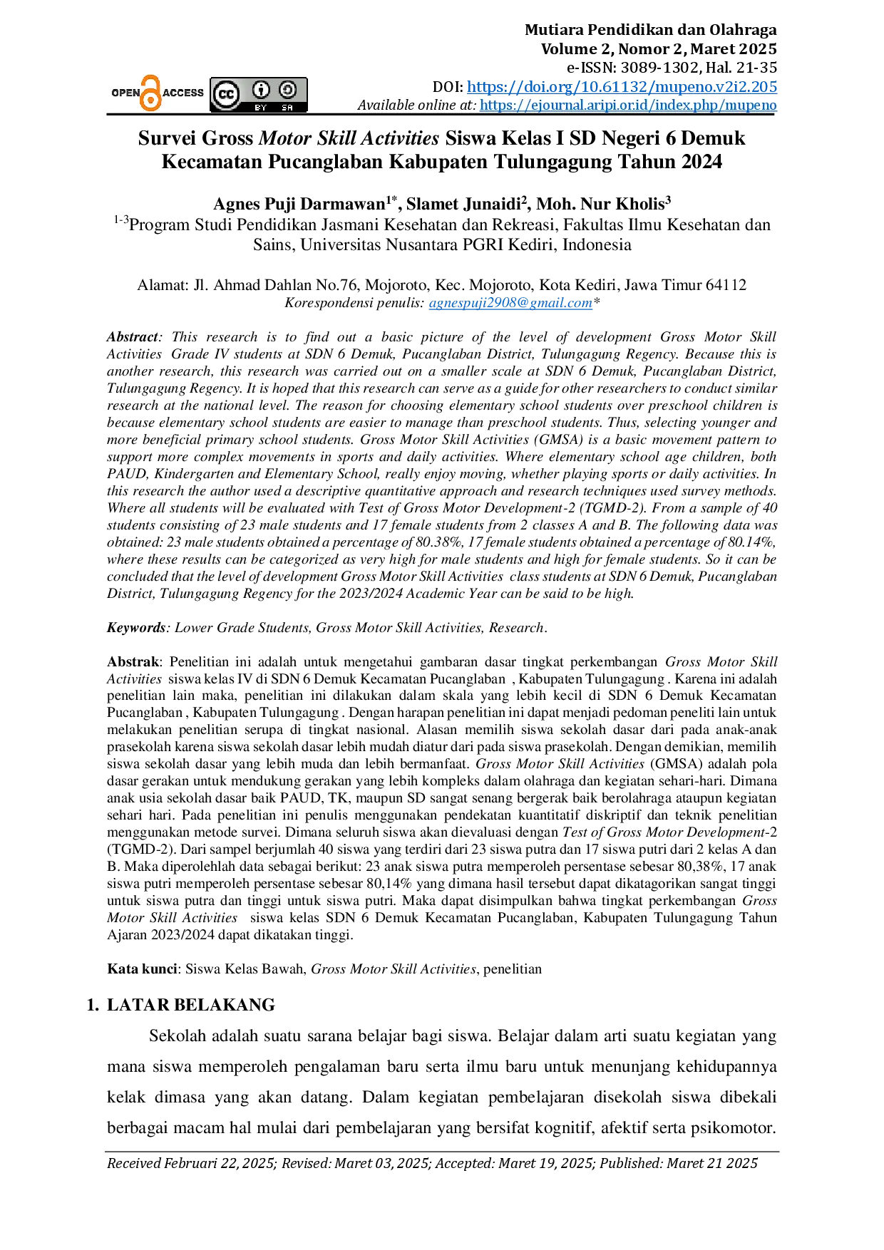 juris Survei Gross Motor Skill Activities Siswa Kelas I SD Negeri 6 Demuk Kecamatan Pucanglaban Kabupaten Tulungagung Tahun 2024