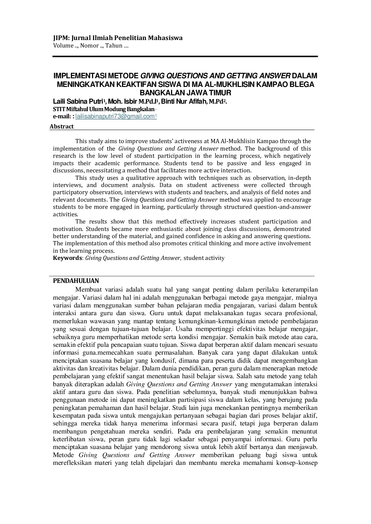 JURIS Implementasi Metode Giving Questions And Getting Answer Dalam Meningkatkan Keaktifan siswa di MA AL MUKHLISIN KAMPAO BLEGA BANGKALAN JAWA TIMUR