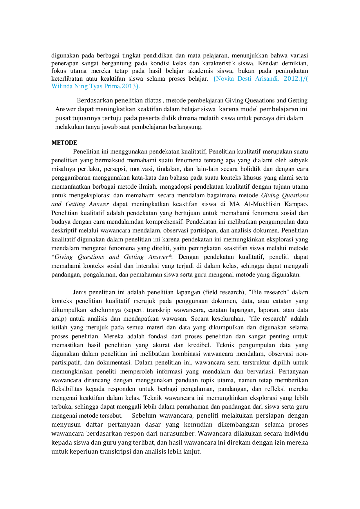 JURIS Implementasi Metode Giving Questions And Getting Answer Dalam Meningkatkan Keaktifan siswa di MA AL MUKHLISIN KAMPAO BLEGA BANGKALAN JAWA TIMUR