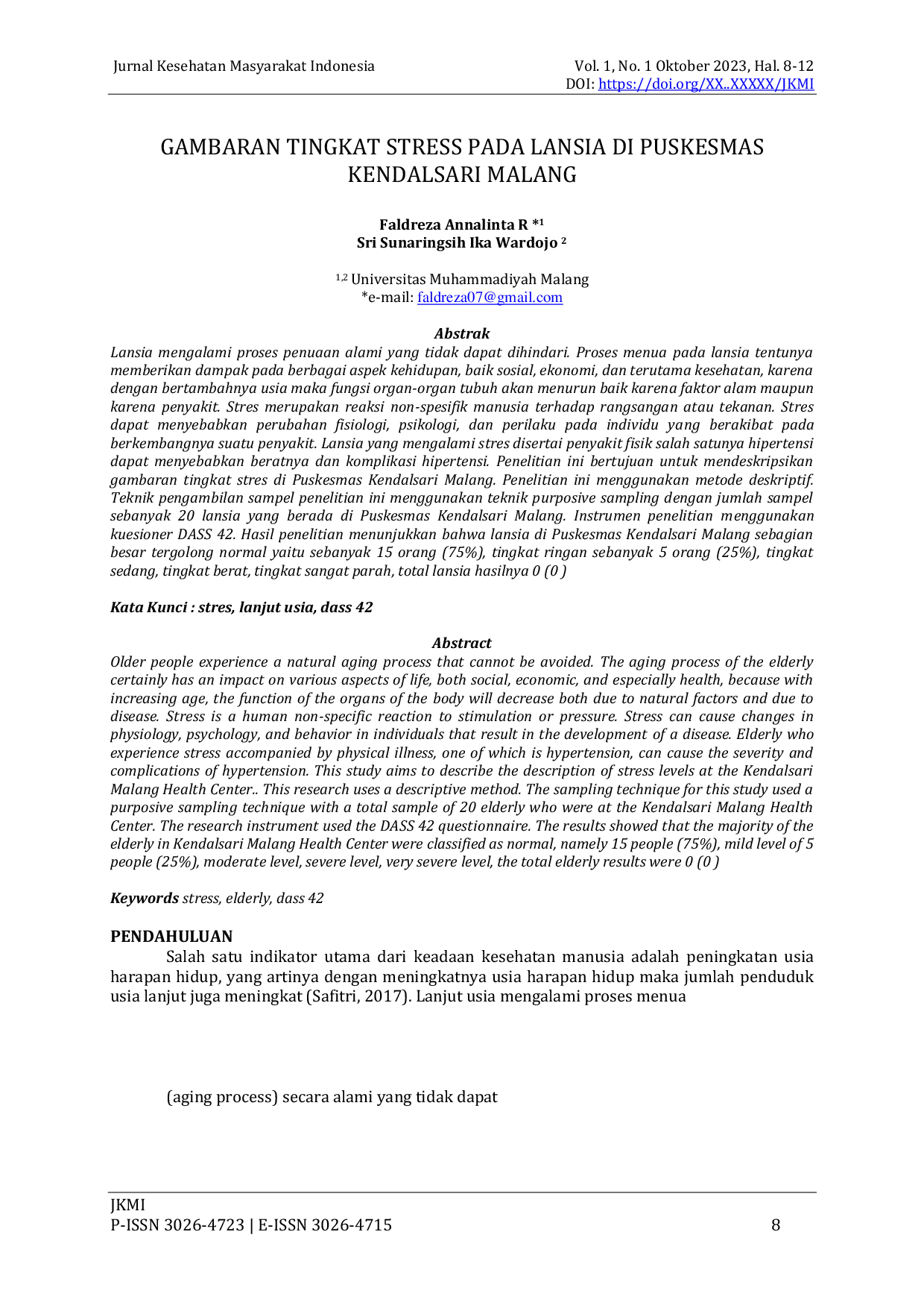 JURIS Gambaran Tingkat Stress Pada Lansia Di Puskesmas Kendalsari Malang