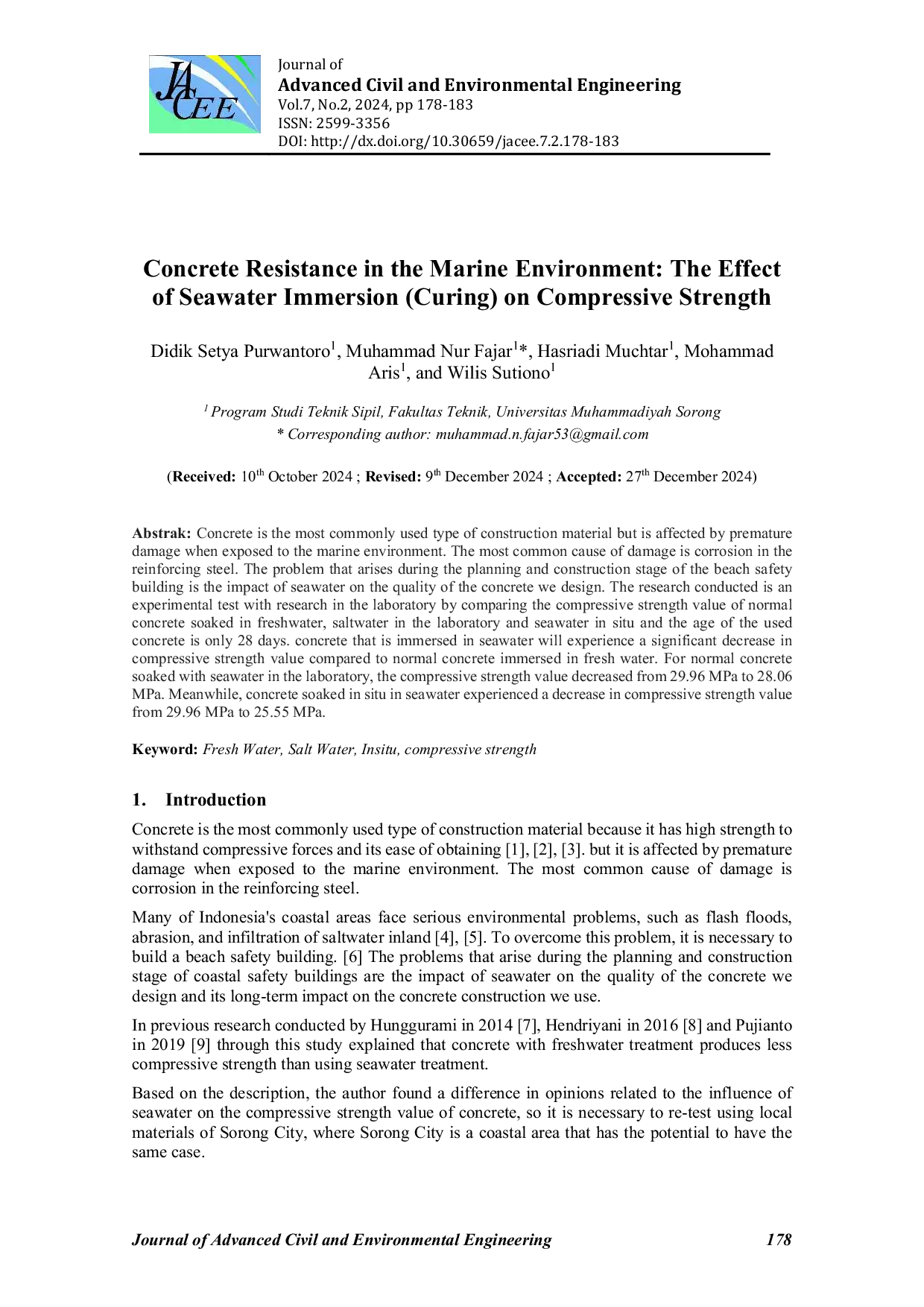 JURIS Concrete Resistance in the Marine Environment The Effect of Seawater Immersion Curing on Compressive Strength