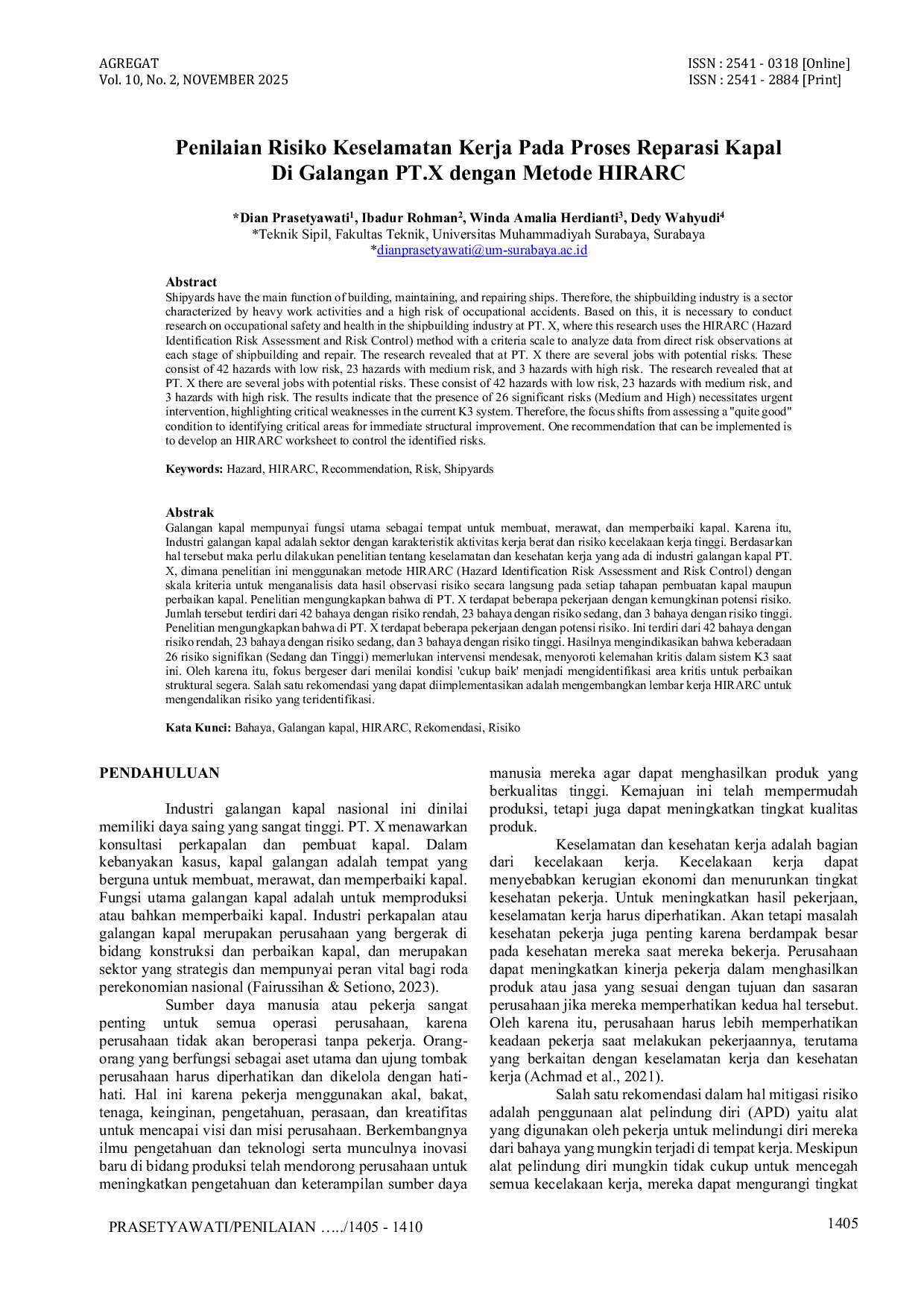 JURIS Penilaian Risiko Keselamatan Kerja Pada Proses Reparasi Kapal Di Galangan PT X dengan Metode HIRARC