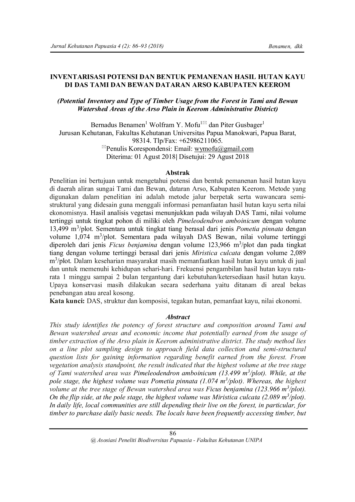 JURIS Inventarisasi Potensi Dan Bentuk Pemanenan Hasil Hutan Kayu Di Das Tami Dan Bewan Dataran Arso Kabupaten Keerom