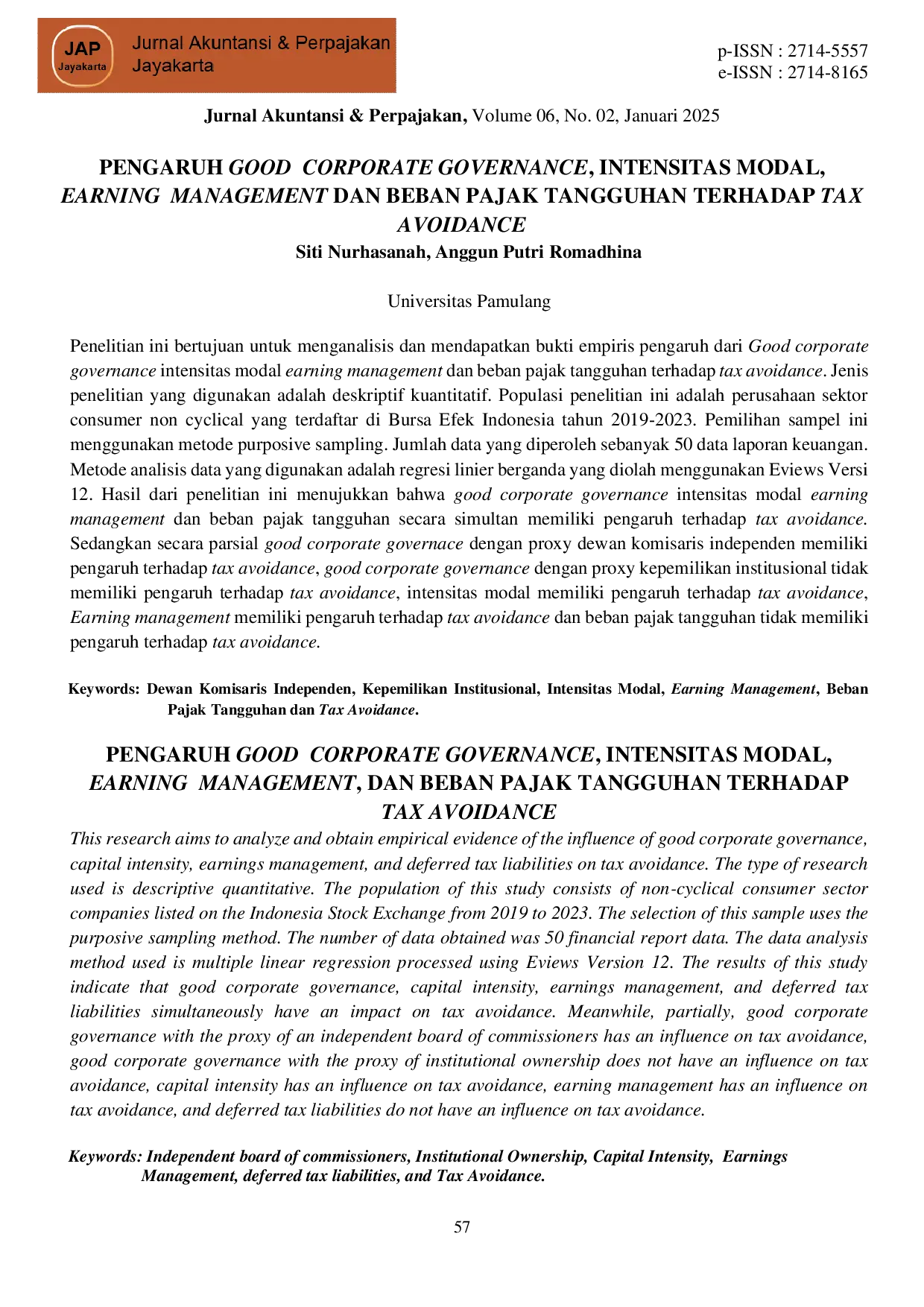 JURIS Pengaruh Good Corporate Governance Intensitas Modal Earning Management dan Beban Pajak Tangguhan Terhadap Tax Avoidance