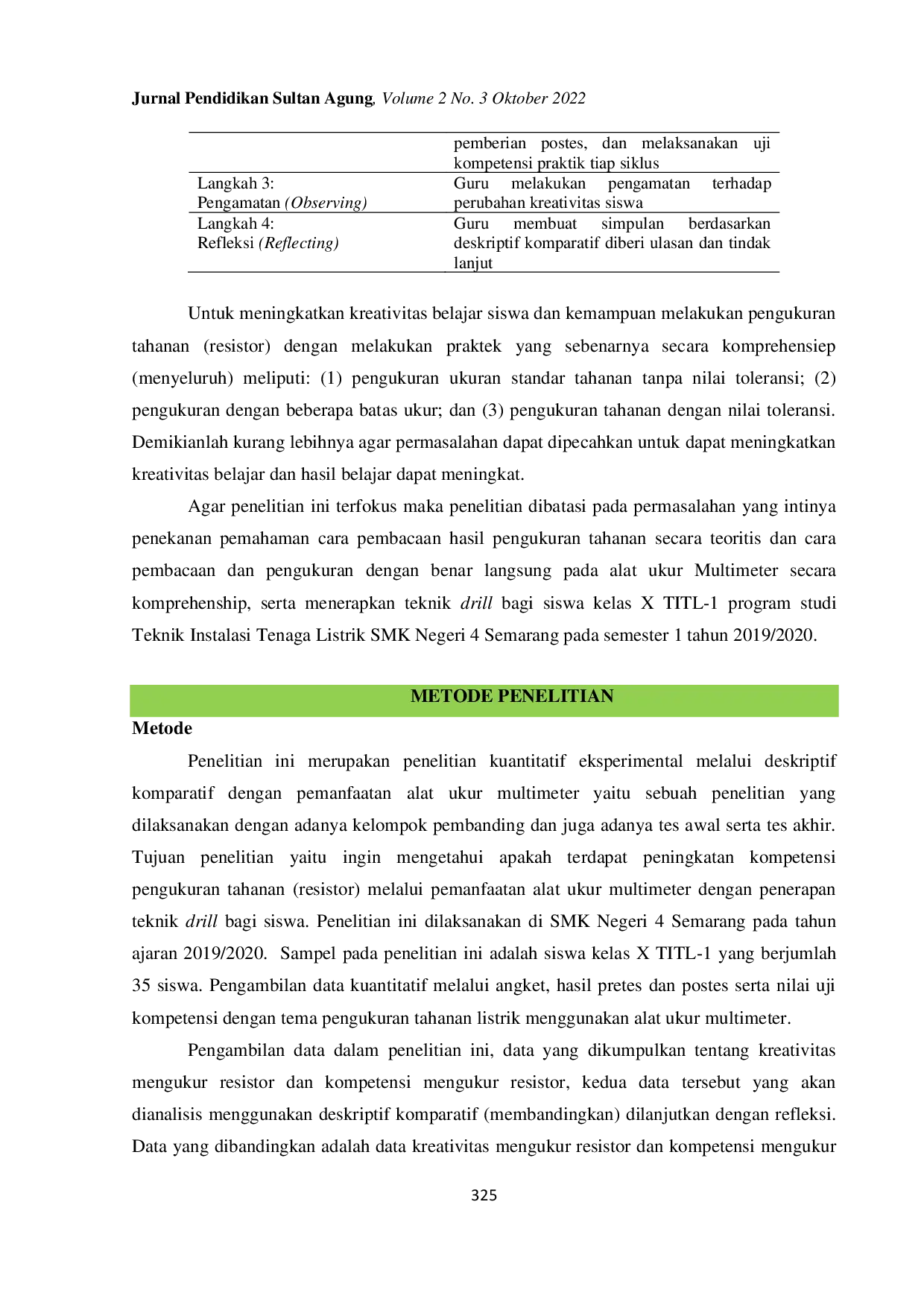 JURIS Peningkatan Kreativitas dan Kompetensi Pengukuran Tahanan Listrik Berbantuan Alat Ukur Multimeter dengan Teknik Drill Bagi Siswa Kelas X SMK Negeri 4 Semarang