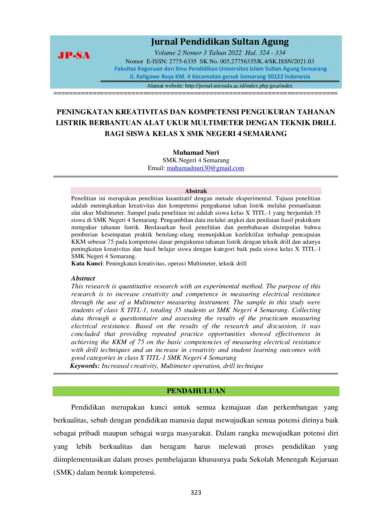 JURIS Peningkatan Kreativitas dan Kompetensi Pengukuran Tahanan Listrik Berbantuan Alat Ukur Multimeter dengan Teknik Drill Bagi Siswa Kelas X SMK Negeri 4 Semarang