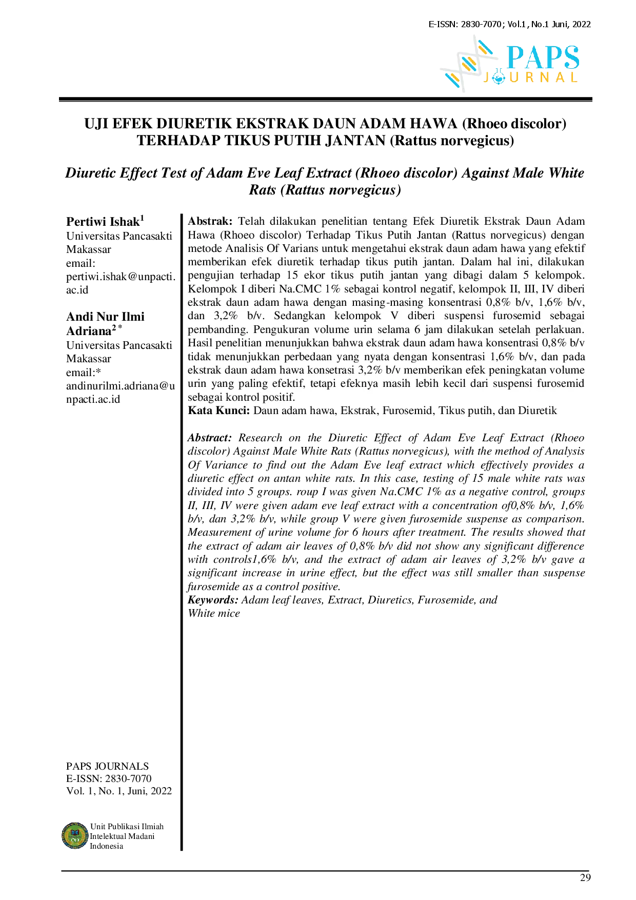 juris UJI EFEK DIURETIK EKSTRAK DAUN ADAM HAWA Rhoeo discolor TERHADAP TIKUS PUTIH JANTAN Rattus norvegicus