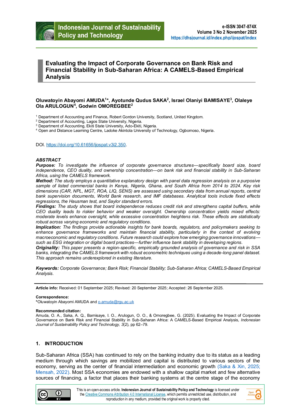 JURIS Evaluating the Impact of Corporate Governance on Bank Risk and Financial Stability in Sub Saharan Africa A CAMELS Based Empirical Analysis