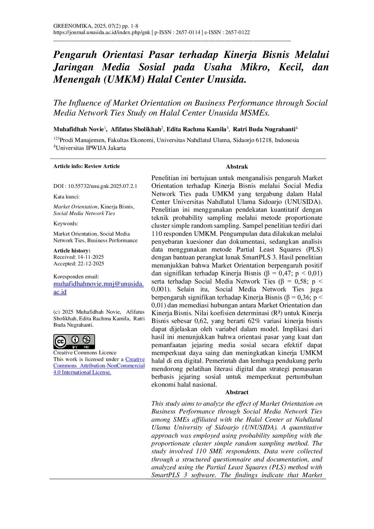 JURIS The Influence of Market Orientation on Business Performance through Social Media Network Ties Study on Halal Center Unusida MSMEs