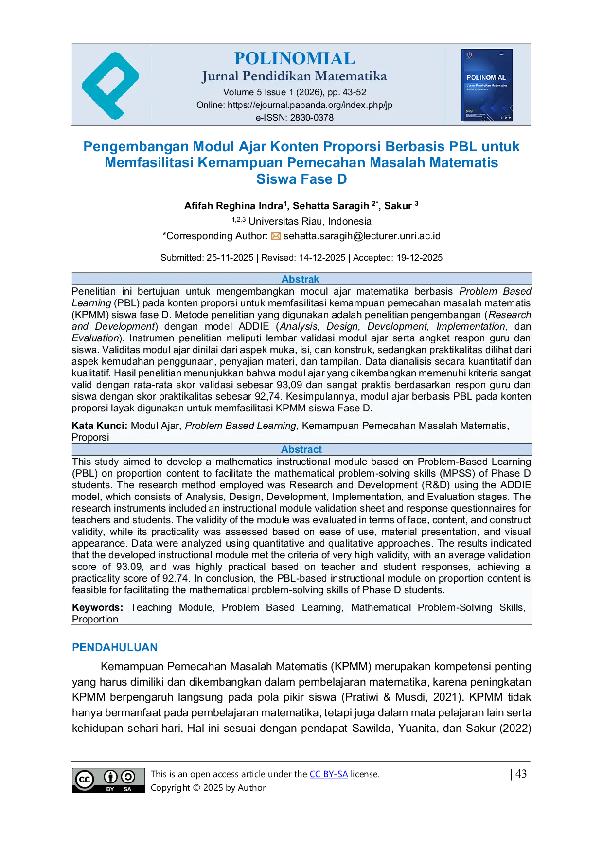 JURIS Pengembangan Modul Ajar Konten Proporsi Berbasis PBL untuk Memfasilitasi Kemampuan Pemecahan Masalah Matematis Siswa Fase D
