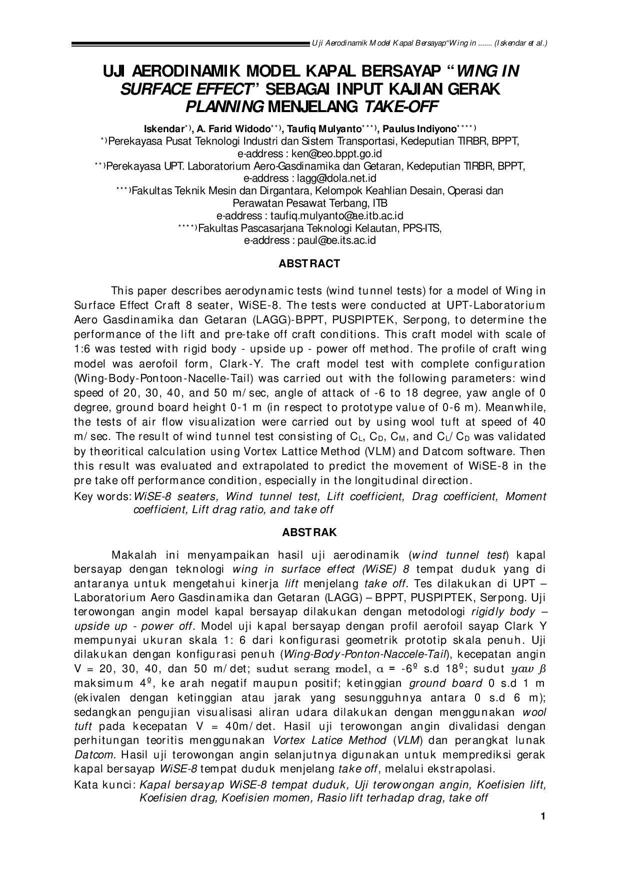 juris Uji Aerodinamik Model Kapal Bersayap Wing In Surface Effect Sebagai Input Kajian Gerak Planning Menjelang Take Off