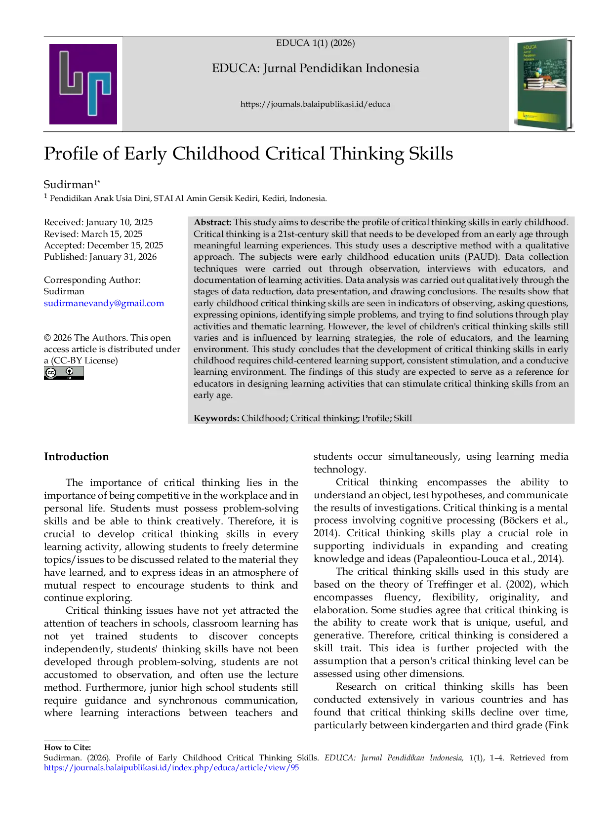 JURIS Profile of Early Childhood Critical Thinking Skills