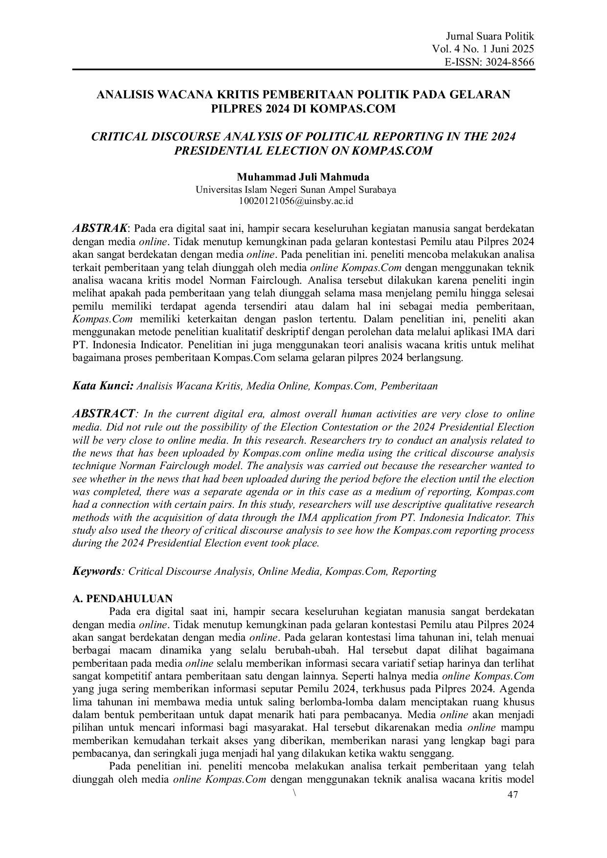 JURIS Analisis Wacana Kritis Pemberitaan Politik Pada Gelaran Pilpres 2024 Di Kompas Com