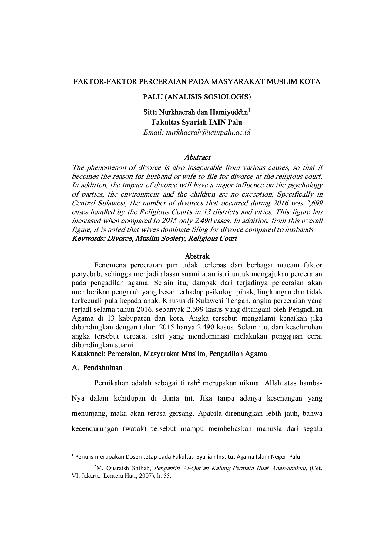JURIS Faktor Faktor Perceraian Pada Masyarakat Muslim Kota Palu Analisis Sosiologis