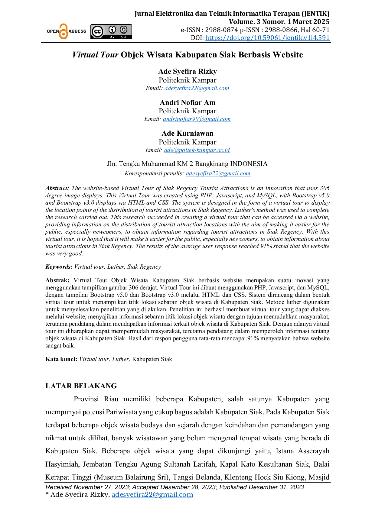 JURIS Virtual Tour Objek Wisata Kabupaten Siak Berbasis Website