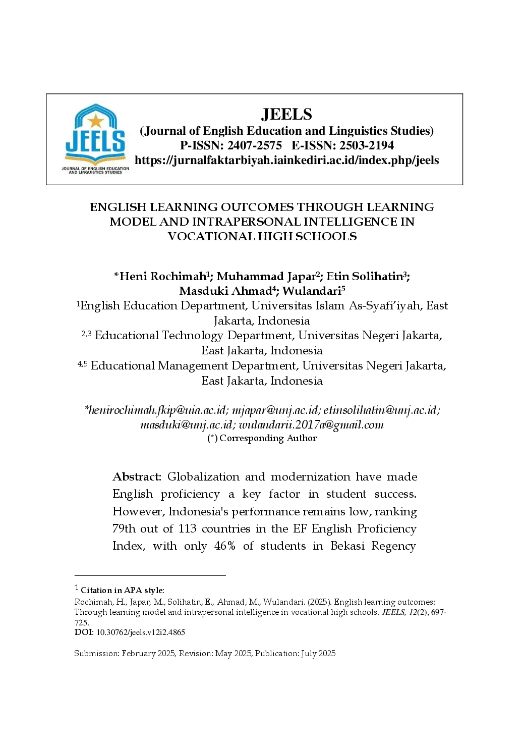 juris English Learning Outcomes through Learning Model and Intrapersonal Intelligence in Vocational High Schools