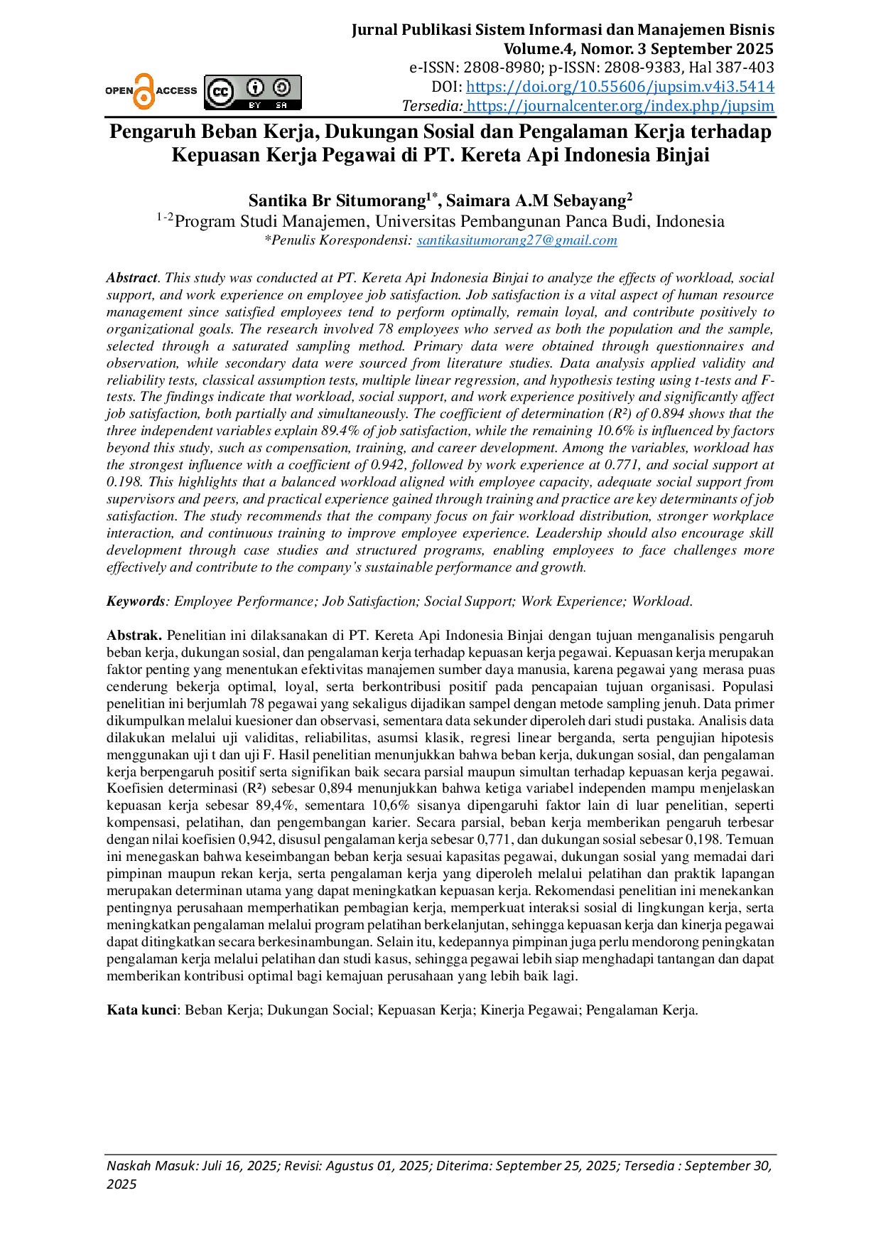 JURIS Pengaruh Beban Kerja Dukungan Sosial dan Pengalaman Kerja terhadap Kepuasan Kerja Pegawai di PT Kereta Api Indonesia Binjai