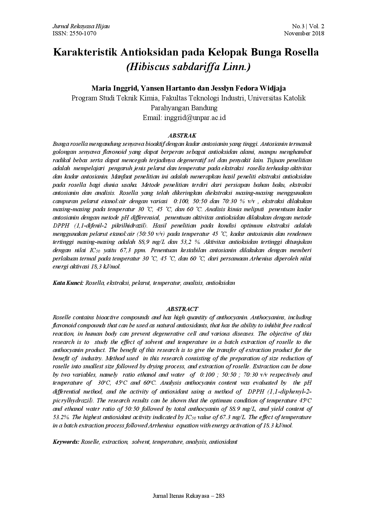 juris Karakteristik Antioksidan pada Kelopak Bunga Rosella Hibiscus sabdariffa Linn