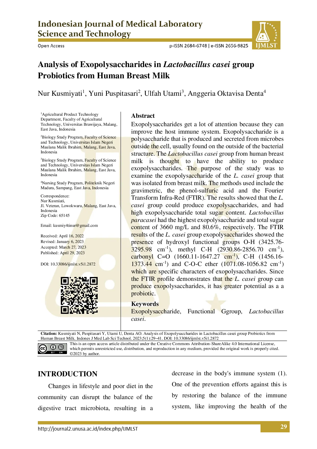juris Analysis of Exopolysaccharides in Lactobacillus casei group Probiotics from Human Breast Milk