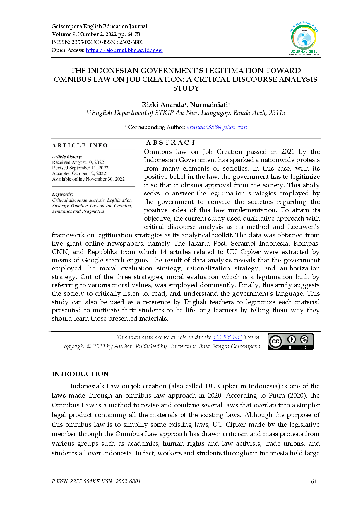 juris The Indonesian Government s Legitimation Toward Omnibus Law on Job Creation A Critical Discourse Analysis Study