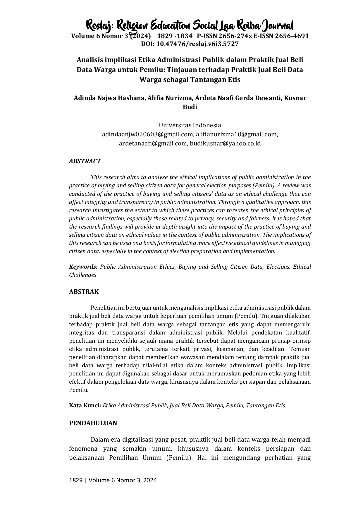 JURIS Analisis implikasi Etika Administrasi Publik dalam Praktik Jual Beli Data Warga untuk Pemilu Tinjauan terhadap Praktik Jual Beli Data Warga sebagai Tantangan Etis
