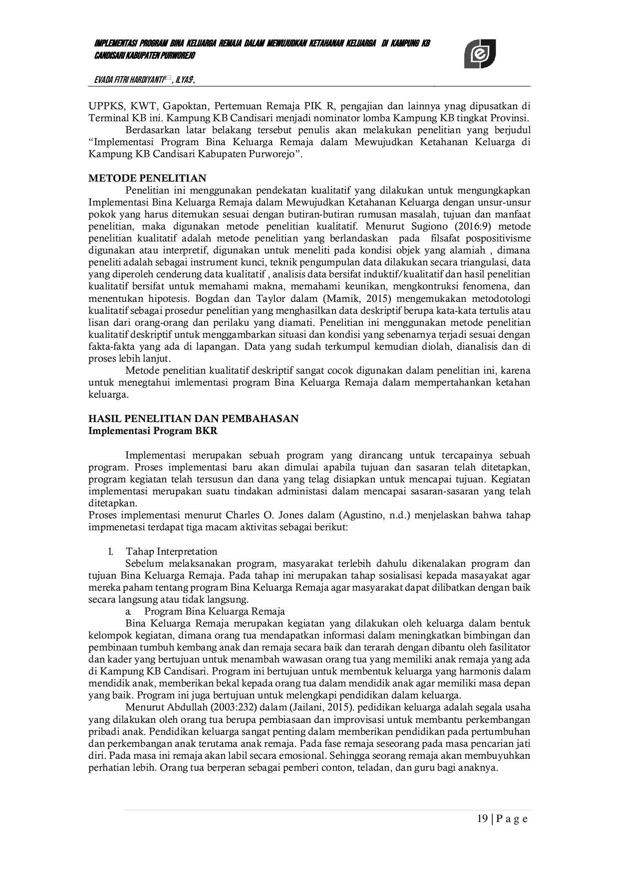 JURIS Implementasi Program Bina Keluarga Remaja Dalam Mewujudkan Ketahanan Keluarga di Kampung KB Candisari Kabupaten Purworejo