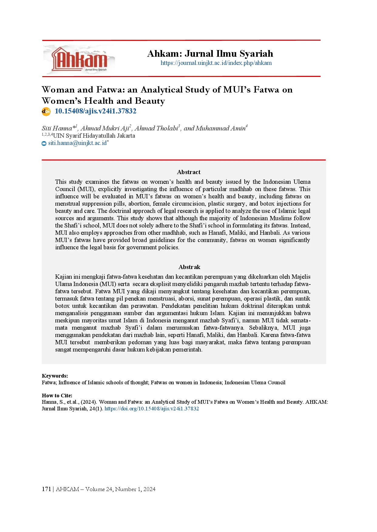 juris Woman and Fatwa an Analytical Study of MUI s Fatwa on Women s Health and Beauty