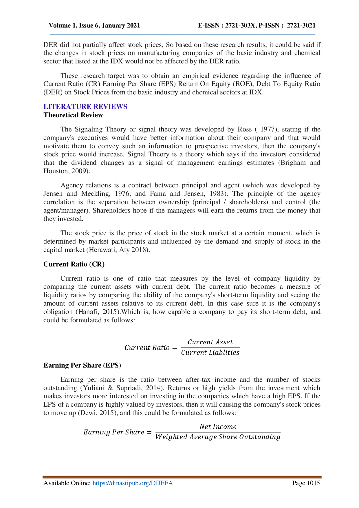 juris Analysis Of The Influence From Cr Eps Roe Der On Stock Prices At Basic Industry And Chemical Sectors During Year Of 2017