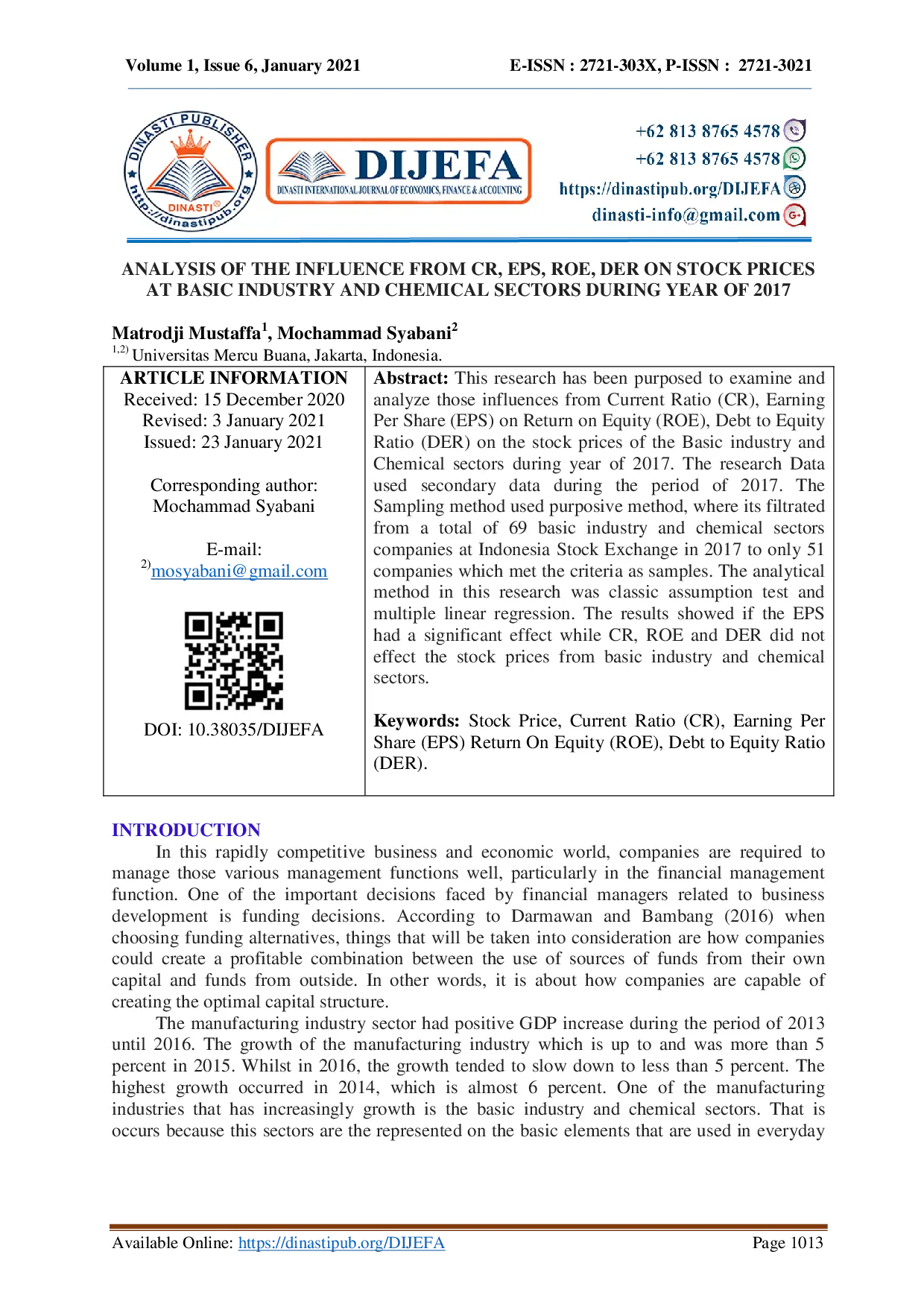 juris Analysis Of The Influence From Cr Eps Roe Der On Stock Prices At Basic Industry And Chemical Sectors During Year Of 2017