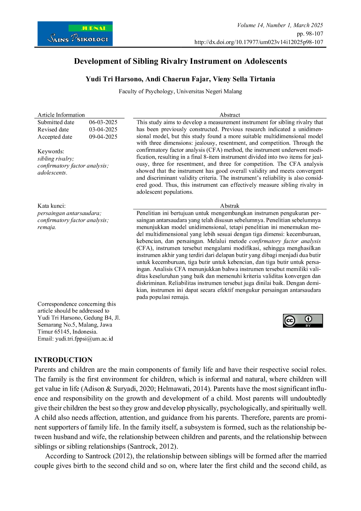 JURIS Development of Sibling Rivalry Instrument on Adolescents