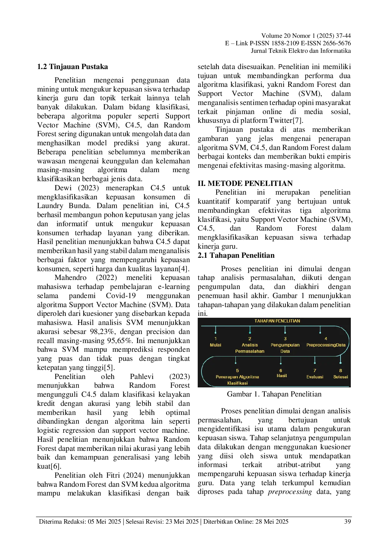 JURIS Analisis Perbandingan Akurasi Klasifikasi Kepuasan Siswa Terhadap Kinerja Guru Menggunakan Algoritma SVM C4 5 dan Random Forest