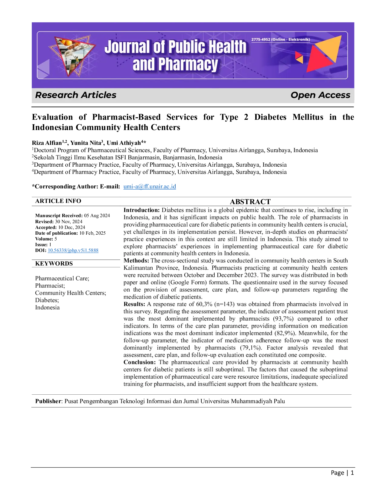JURIS Evaluation Of Pharmacist Based Services For Type 2 Diabetes Mellitus In The Indonesian Community Health Centers