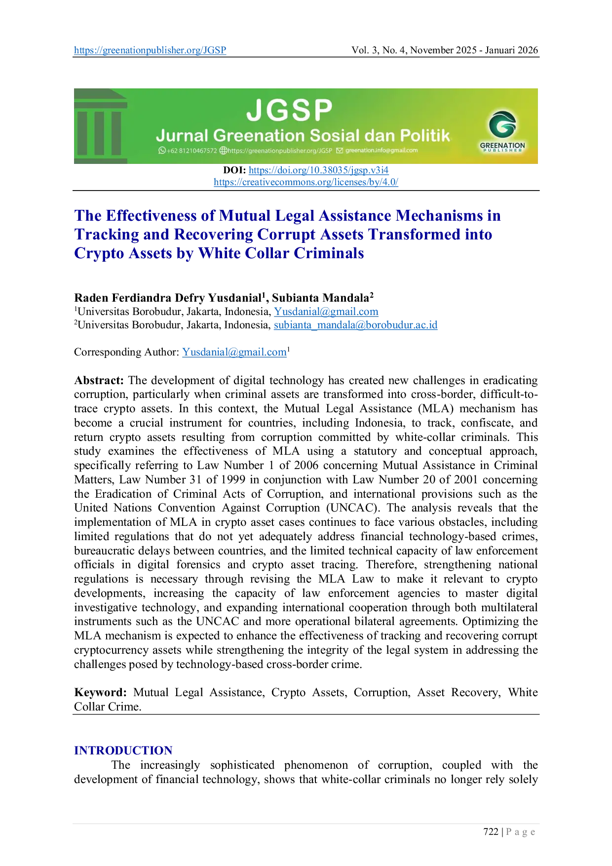 JURIS The Effectiveness of Mutual Legal Assistance Mechanisms in Tracking and Recovering Corrupt Assets Transformed into Crypto Assets by White Collar Criminals