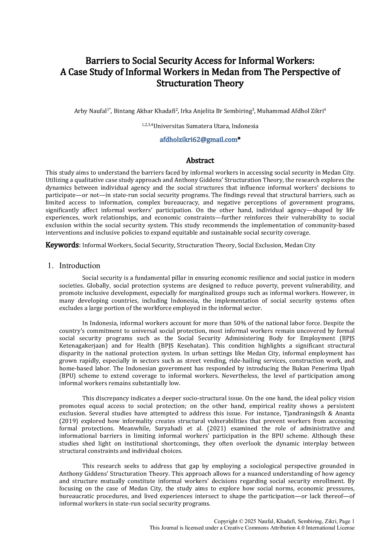 JURIS Barriers to Social Security Access for Informal Workers A Case Study of Informal Workers in Medan from the Perspective of Structuration Theory