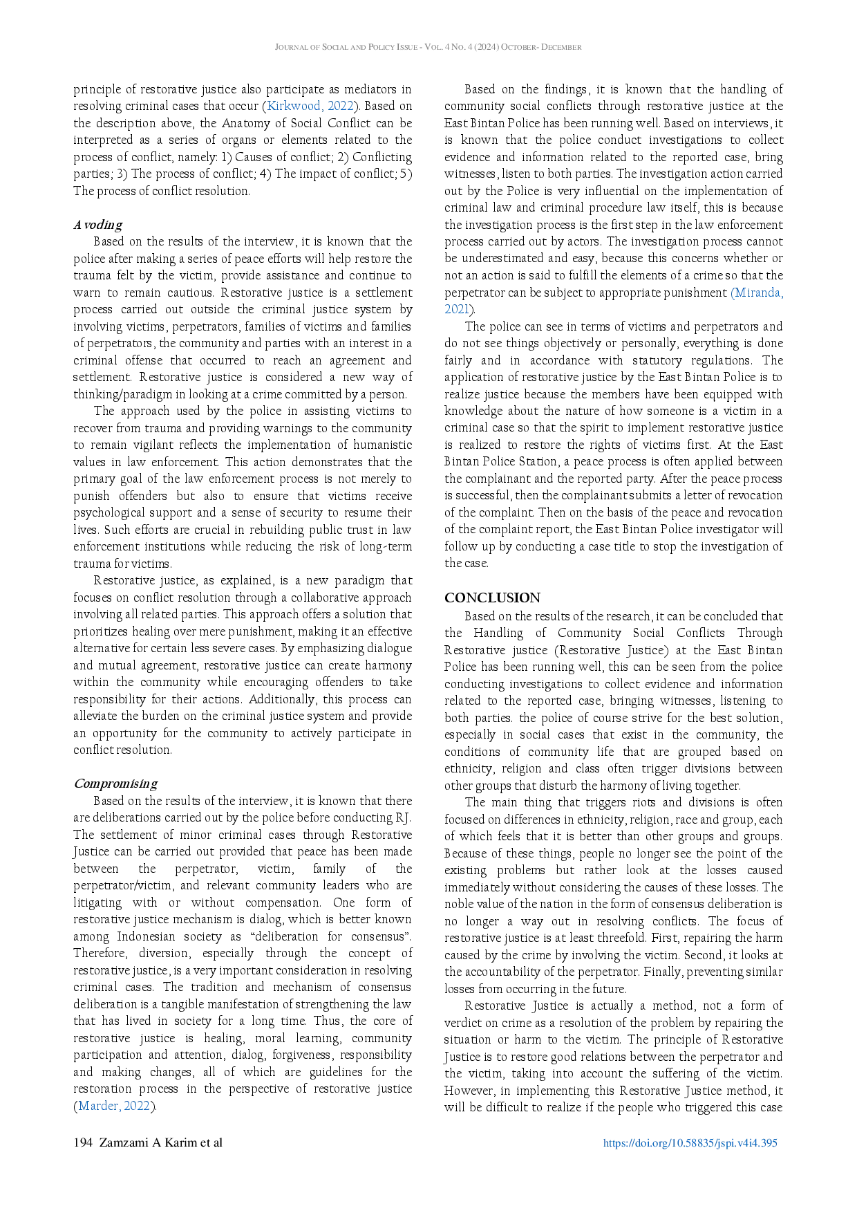 juris Handling Community Social Conflict Through Restorative Justice in East Bintan Police Station