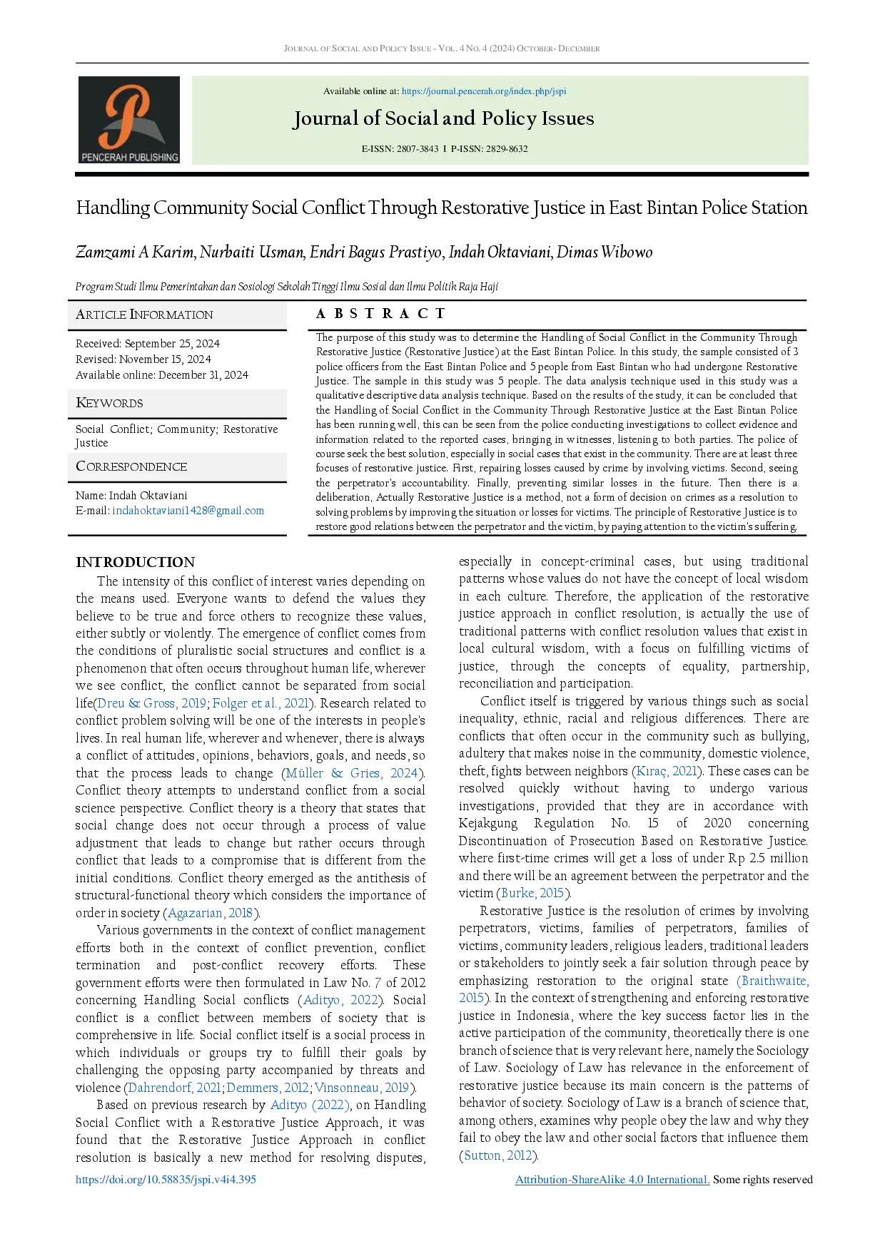juris Handling Community Social Conflict Through Restorative Justice in East Bintan Police Station