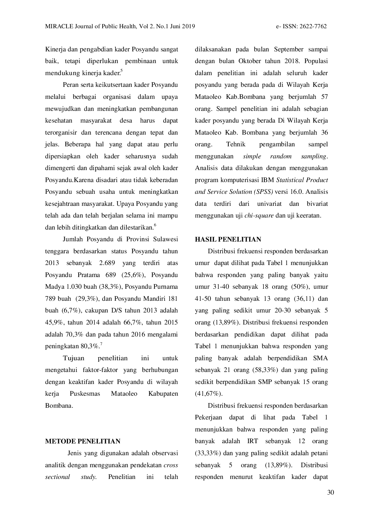 JURIS Faktor Faktor Yang Berhubungan Dengan Keaktifan Kader Posyandu Di Wilayah Kerja Puskesmas Mataoleo Kab Bombana