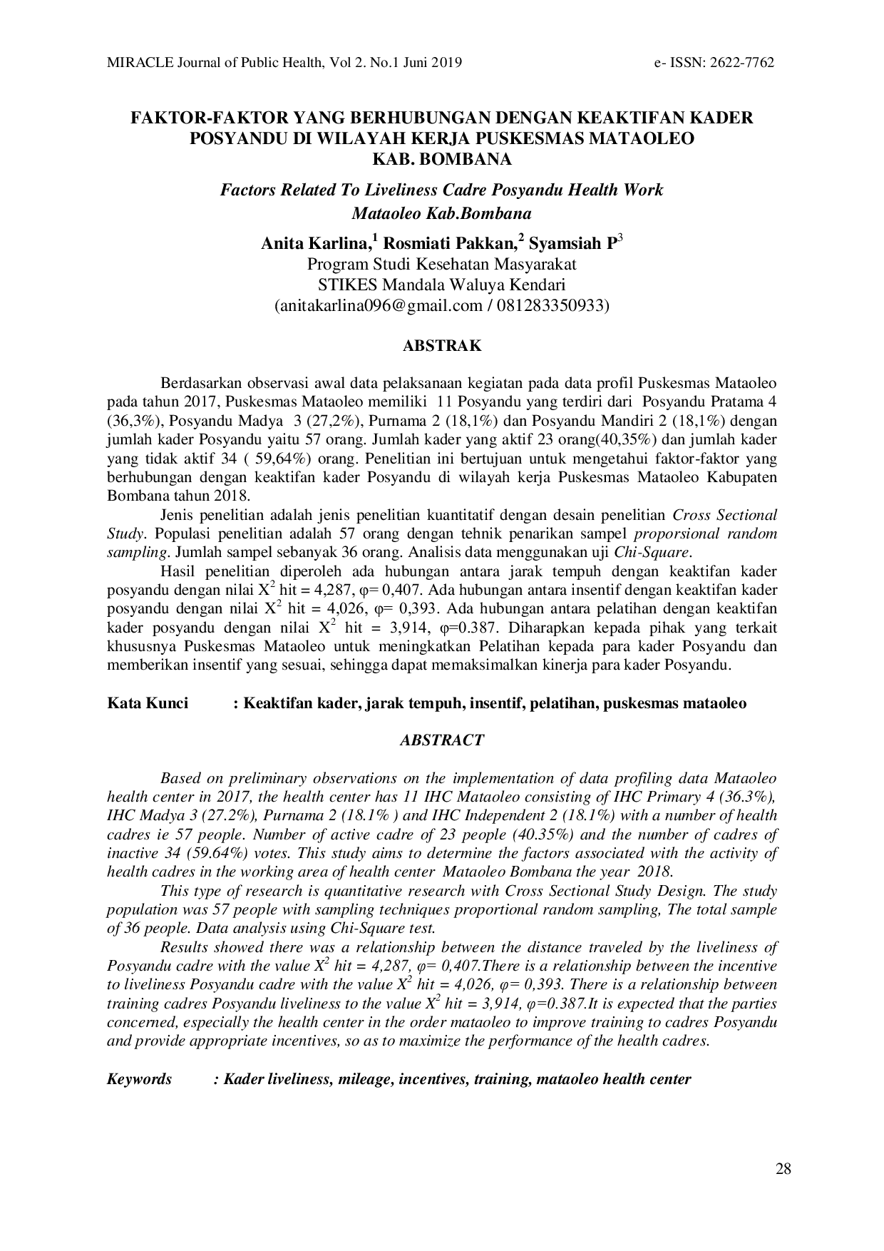 JURIS Faktor Faktor Yang Berhubungan Dengan Keaktifan Kader Posyandu Di Wilayah Kerja Puskesmas Mataoleo Kab Bombana