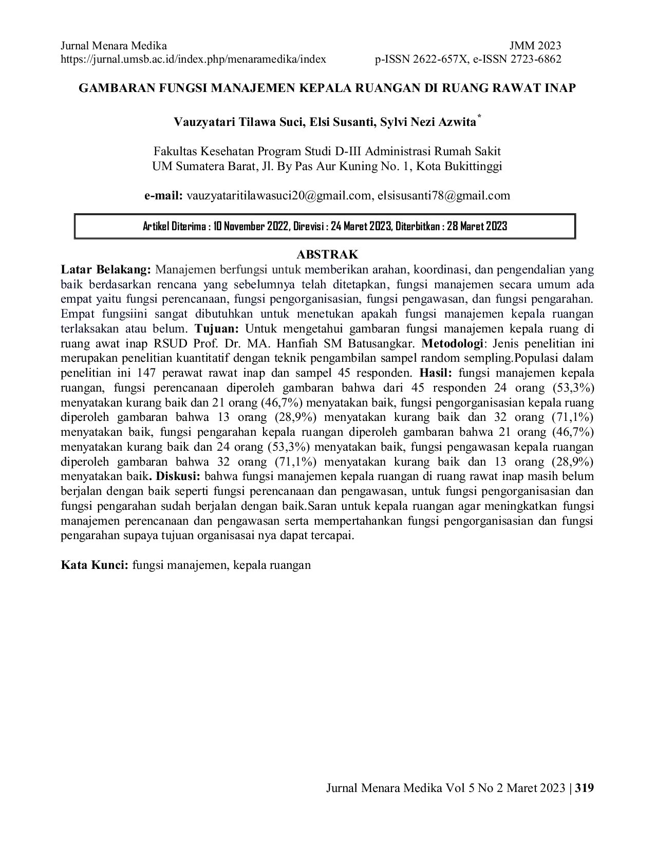 JURIS Gambaran Fungsi Manajemen Kepala Ruangan Di Ruang Rawat Inap