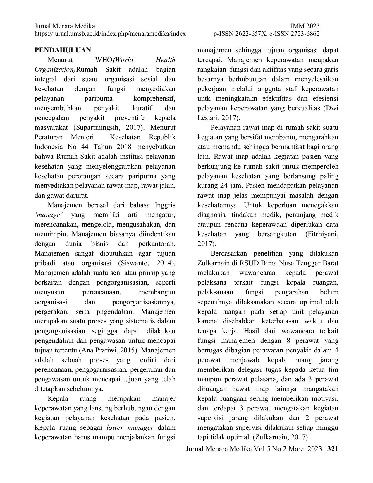 JURIS Gambaran Fungsi Manajemen Kepala Ruangan Di Ruang Rawat Inap