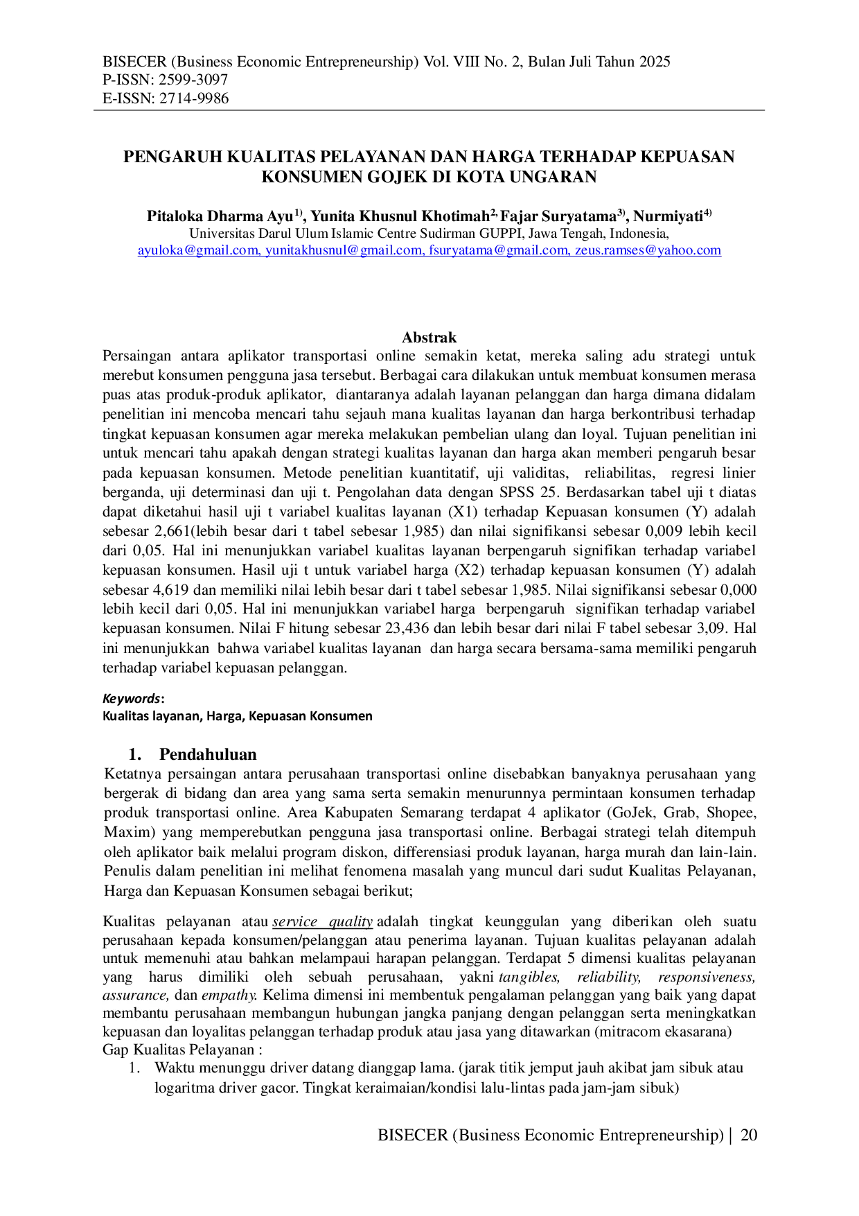JURIS Pengaruh Kualitas Pelayanan dan Harga Terhadap Kepuasan Konsumen Gojek di Kota Ungaran