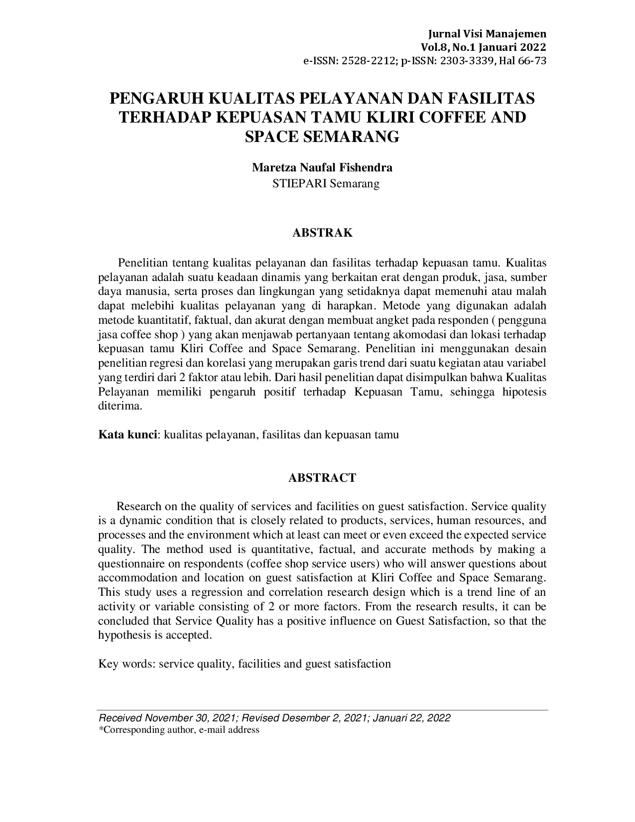 juris Pengaruh Kualitas Pelayanan dan Fasilitas Terhadap Kepuasan Tamu Kliri Coffee and Space Semarang