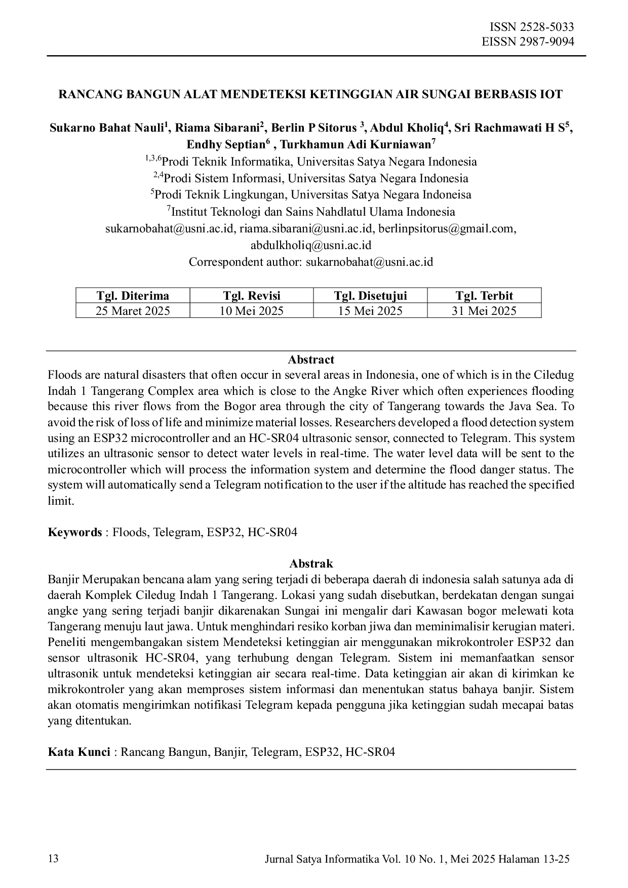 JURIS Rancang Bangun Alat Mendeteksi Ketinggian Air Sungai Berbasis Iot