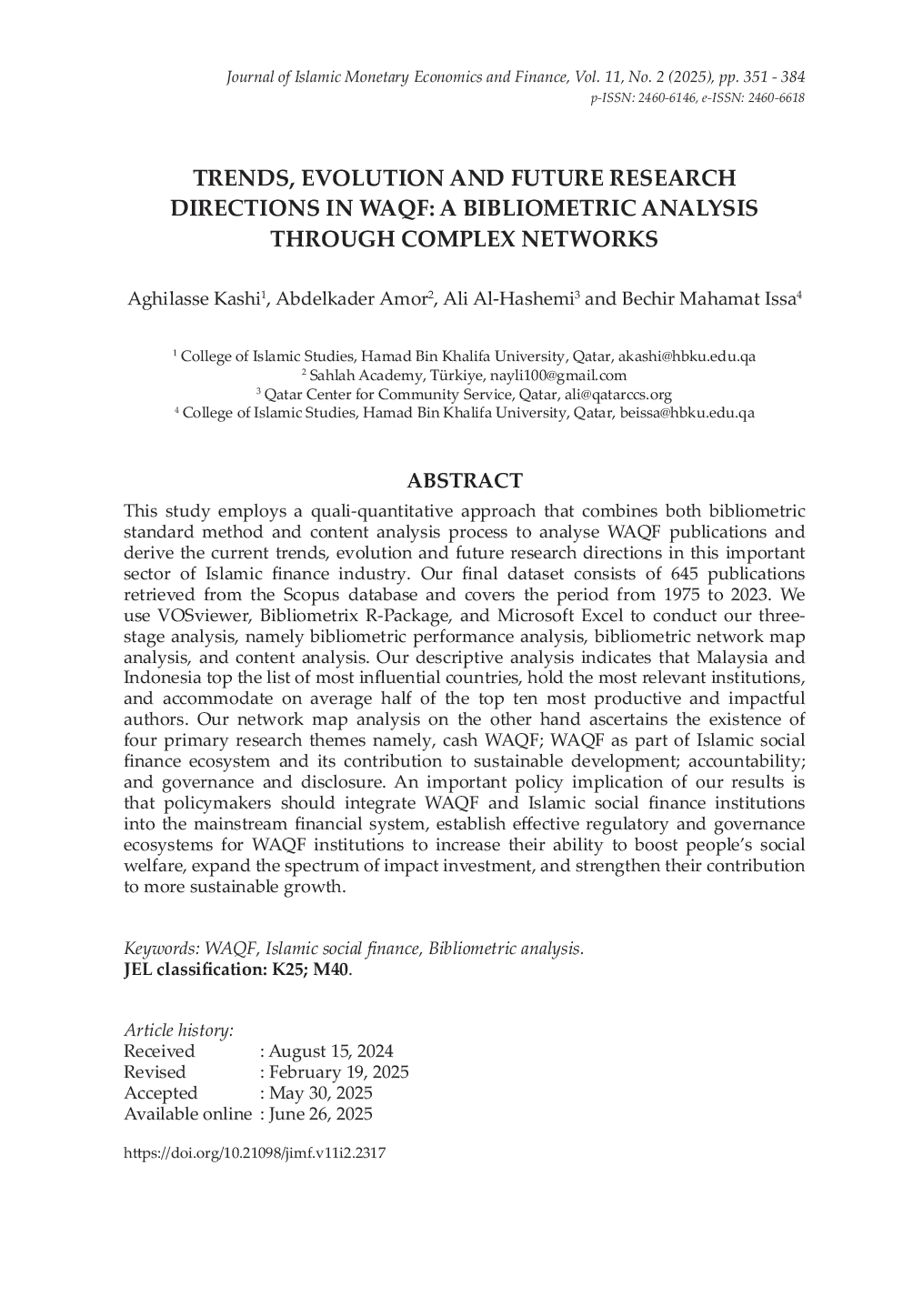 JURIS Trends Evolution and Future Research Directions in Waqf A Bibliometric Analysis through Complex Networks