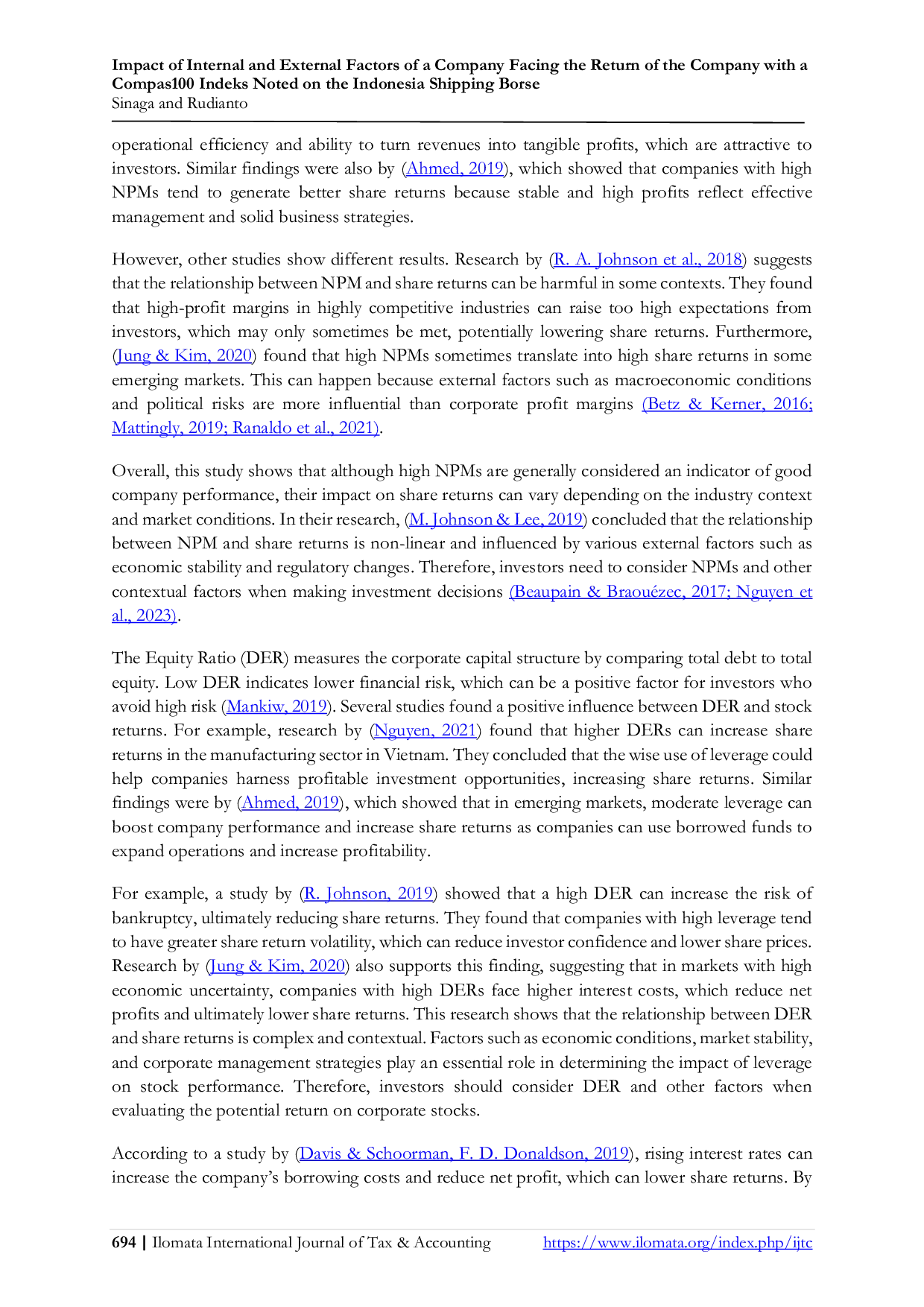 JURIS Impact of Internal and External Factors of a Company Facing the Return of the Company with a Compas100 Indeks Noted on the Indonesia Shipping Borse