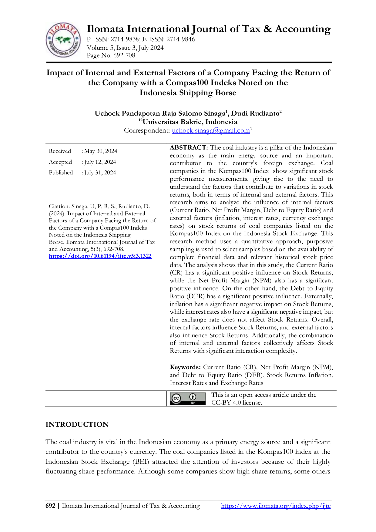 JURIS Impact of Internal and External Factors of a Company Facing the Return of the Company with a Compas100 Indeks Noted on the Indonesia Shipping Borse