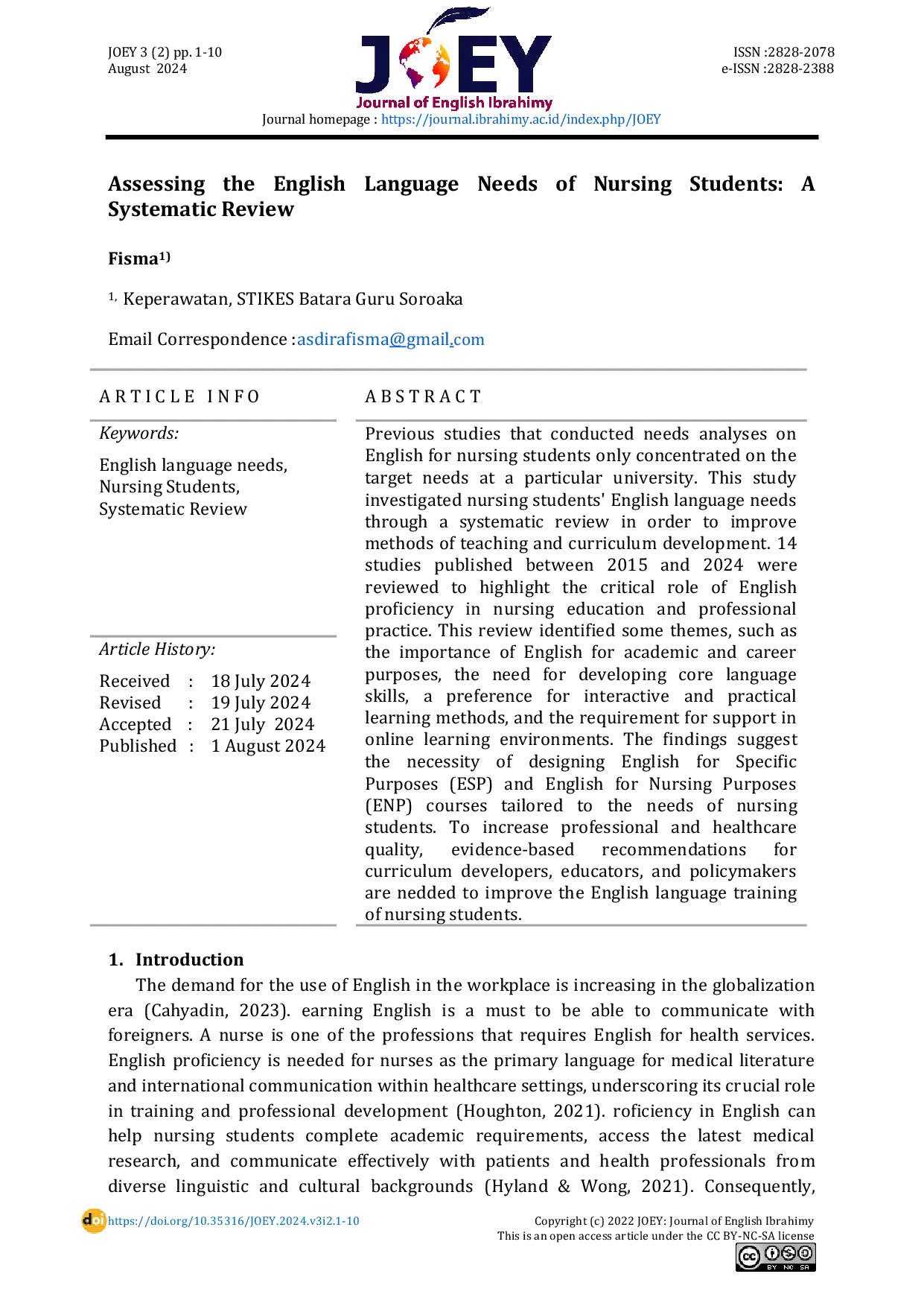 JURIS Assessing the English Language Needs of Nursing Students A Systematic Review English