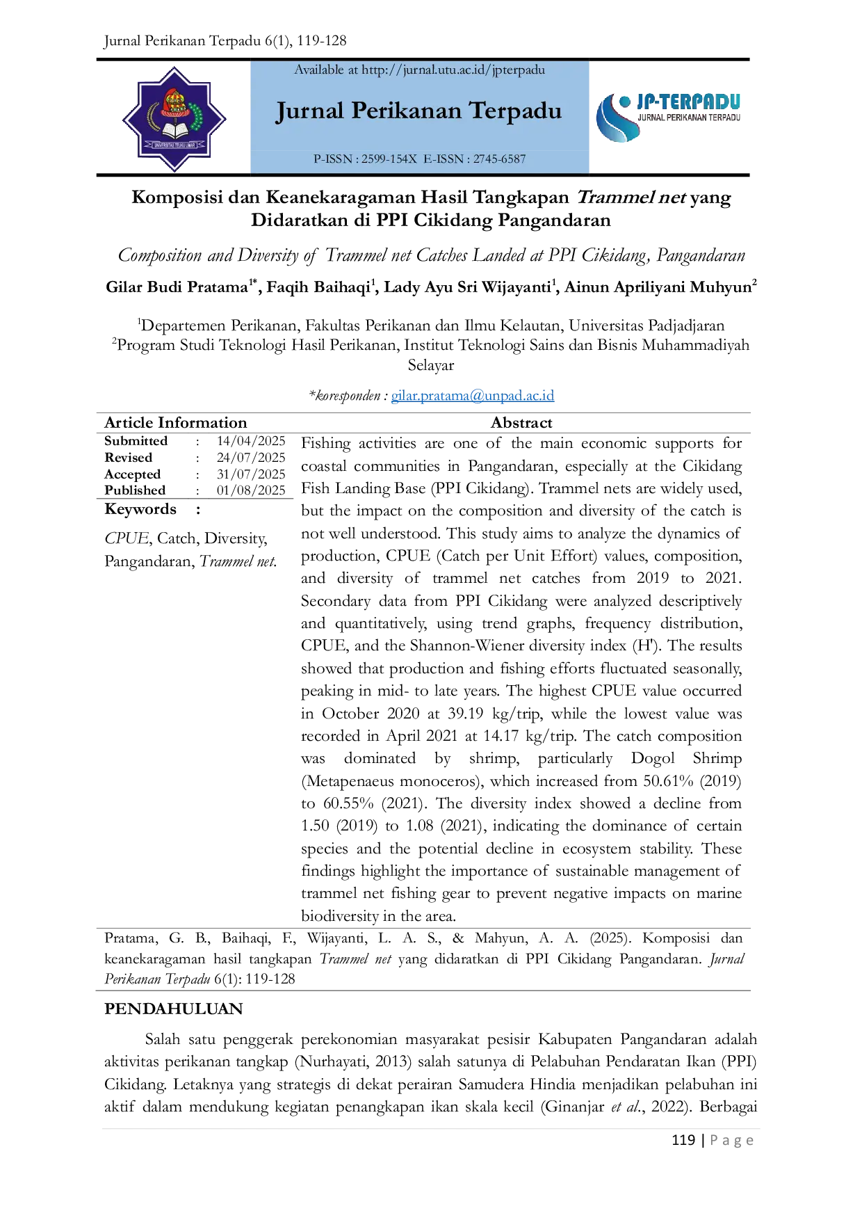 JURIS Composition and Diversity of Trammel net Catches Landed at PPI Cikidang Pangandaran