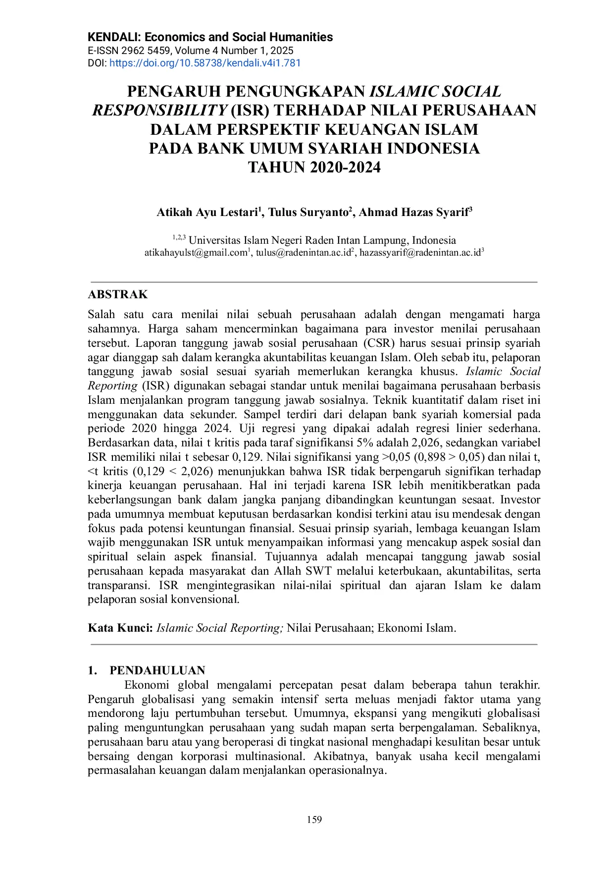 JURIS Pengaruh Pengungkapan Islamic Social Responsibility ISR Terhadap Nilai Perusahaan Dalam Perspektif Keuangan Islam Pada Bank Umum Syariah Indonesia Tahun 2020 2024